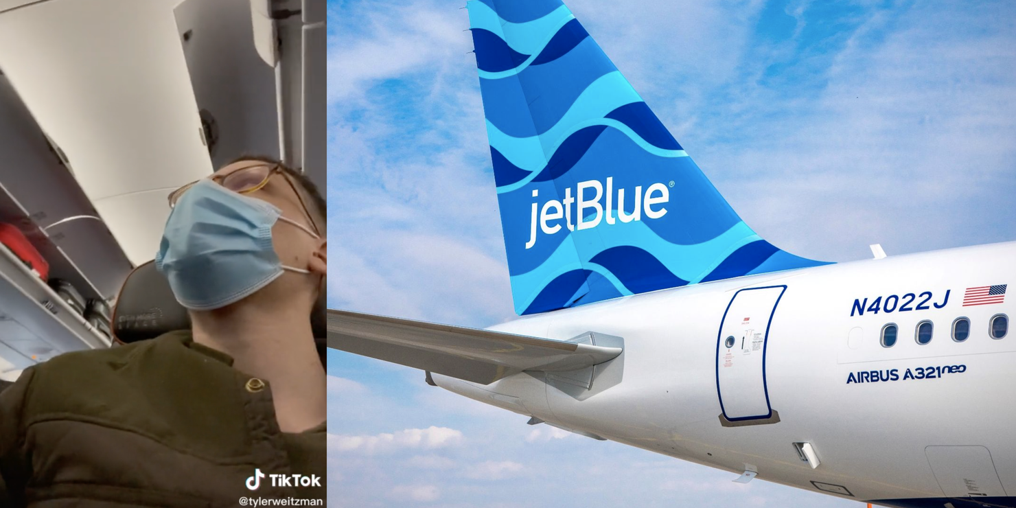 Tyler Weitzman on plane (L), JetBlue aircraft (R)