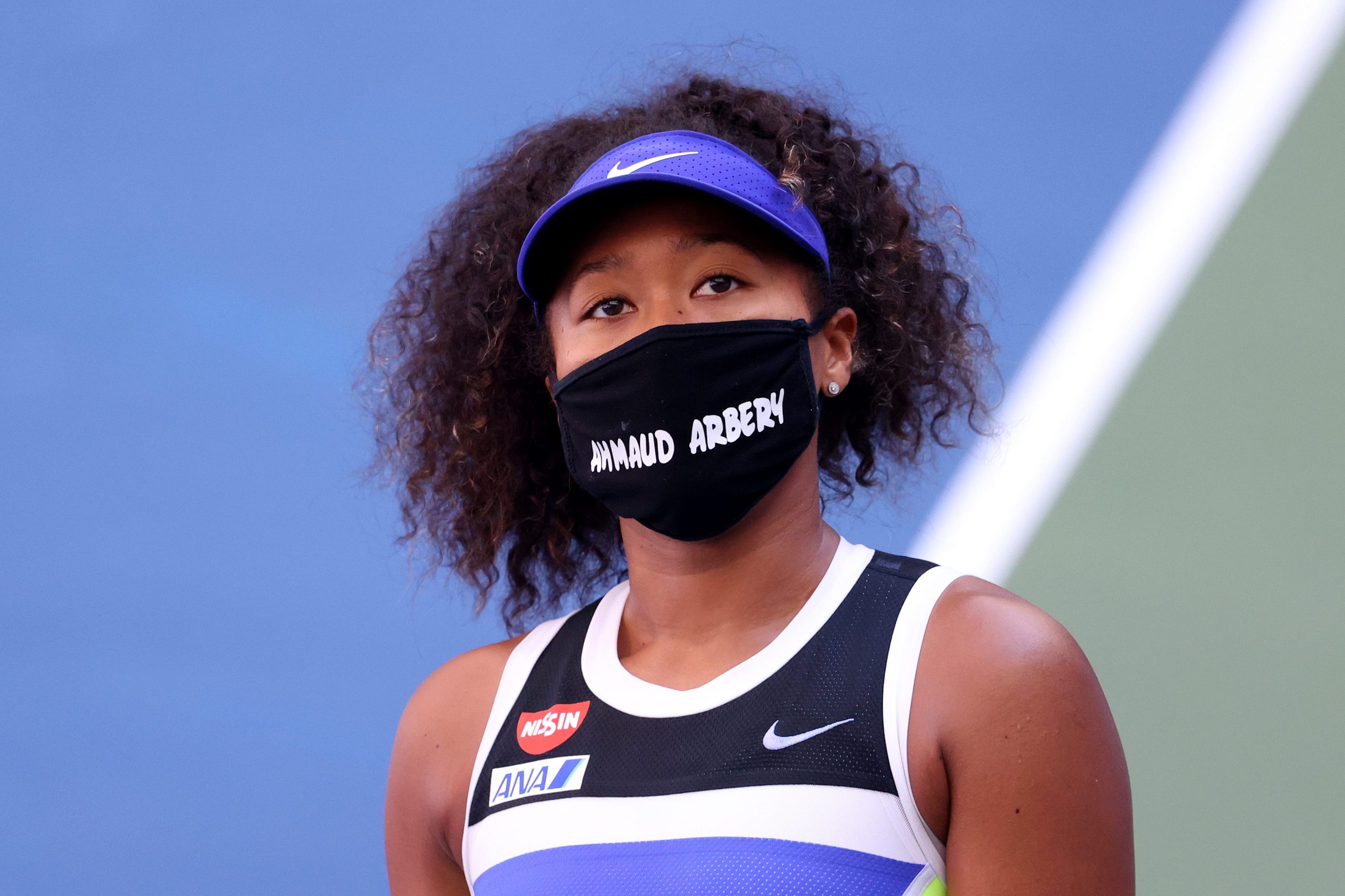 Naomi Osaka wearing a mask with Ahmaud Arbery's name at the 2020 US Open