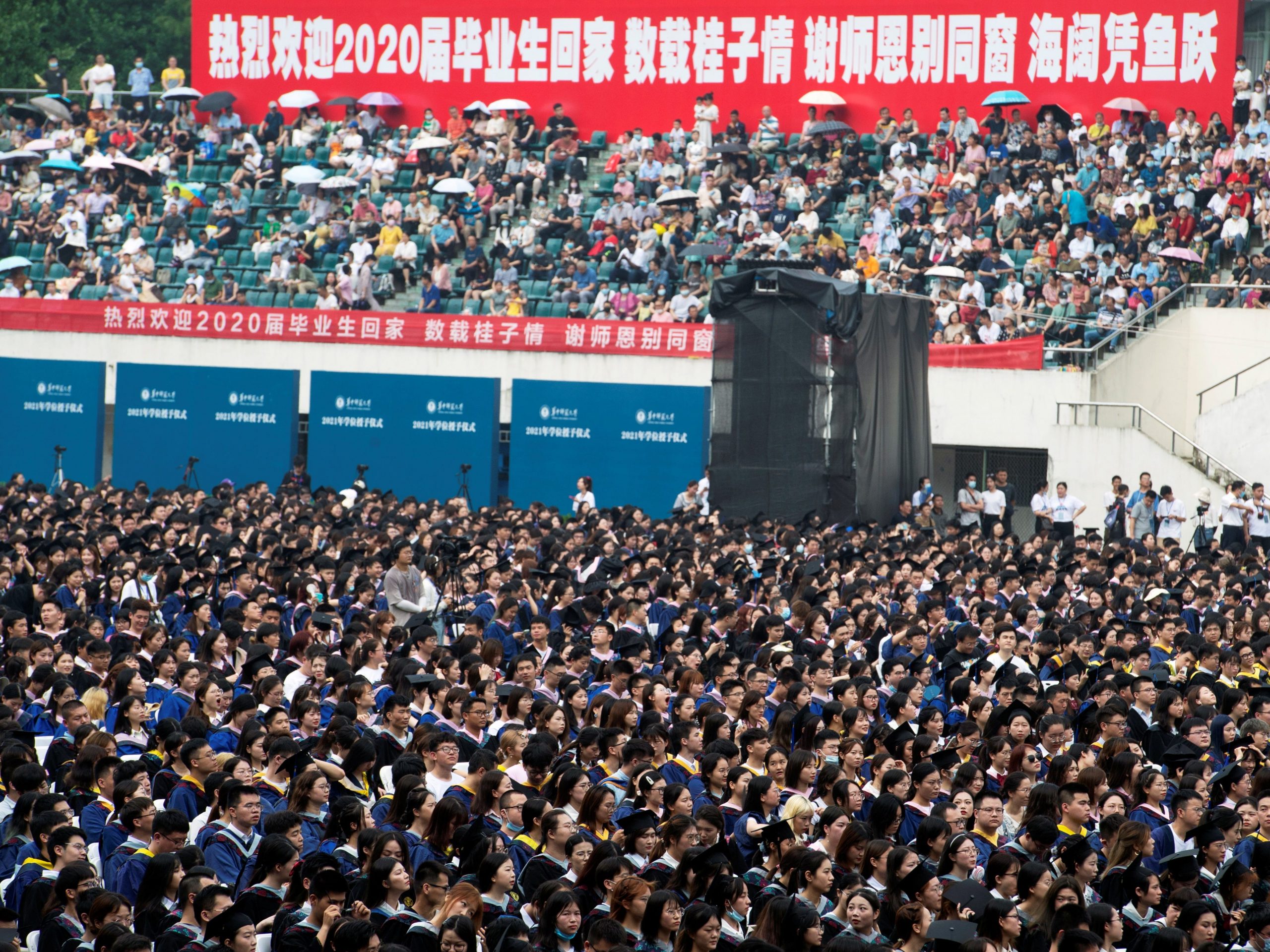 wuhan university grads pour into stadium
