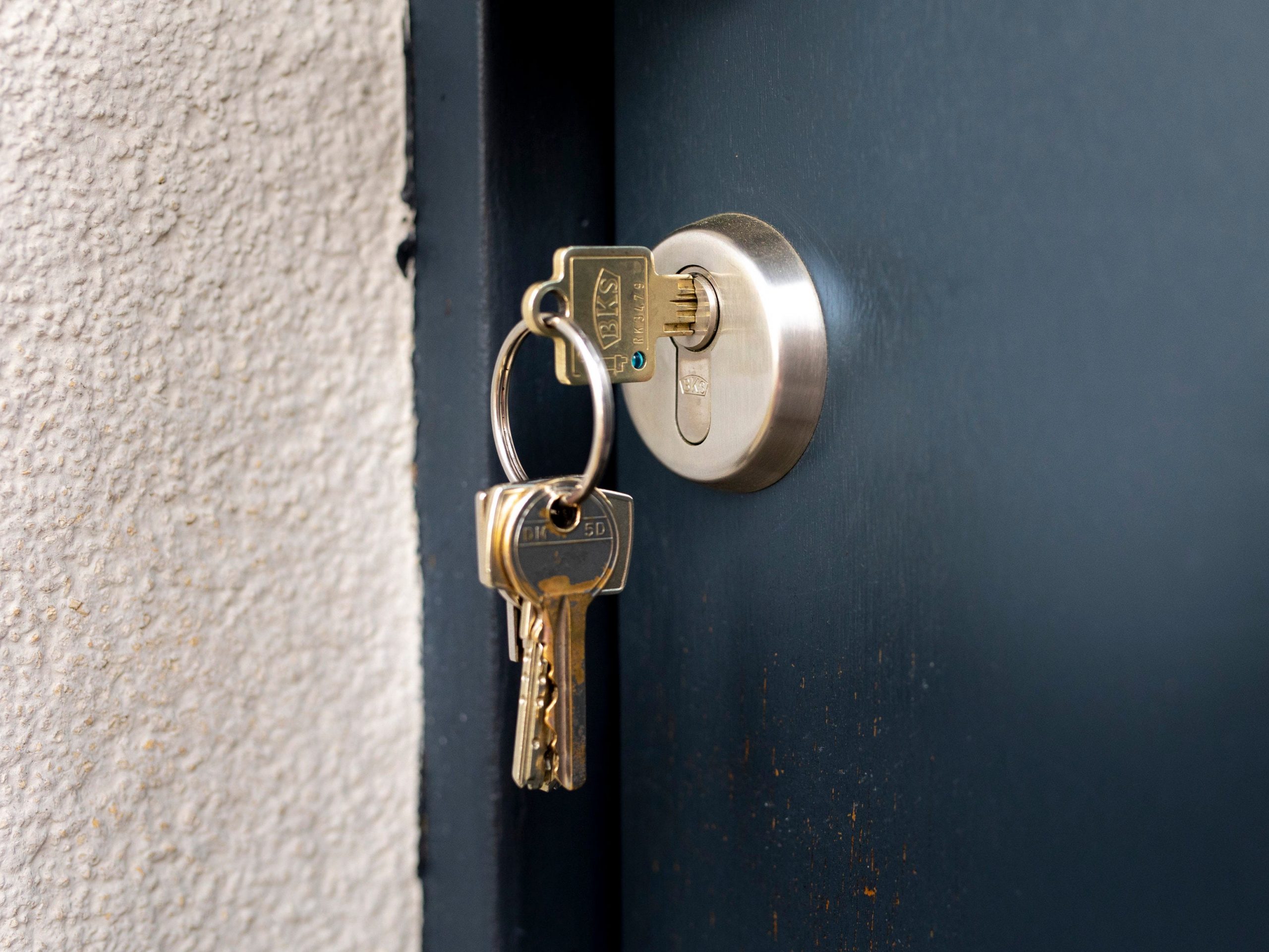 A key in a door lock.