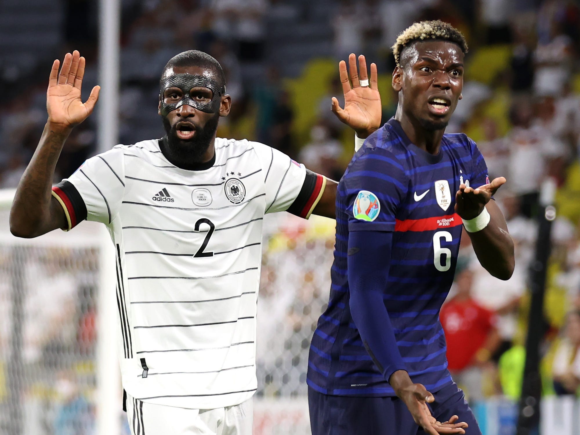 Paul Pogba is enraged after Antonio Rudiger appeared to bite him during a Euro 2020 match between France and Germany