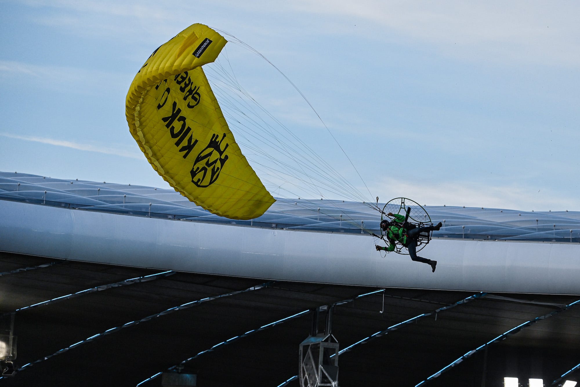 A Greenpeace parachuter landed on the pitch ahead of France’s clash with Germany at Euro 2020