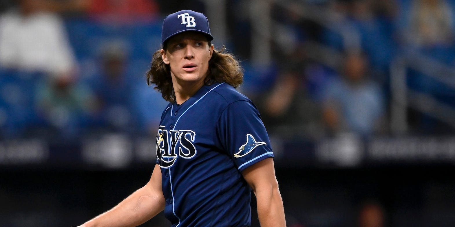 Rays pticher Tyler Glasnow walks off the field.