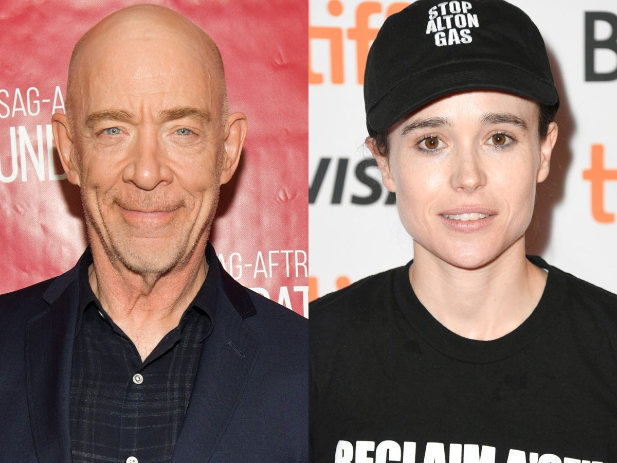 A side-by-side split image of actor JK Simmons, left, and Elliot Page, right.