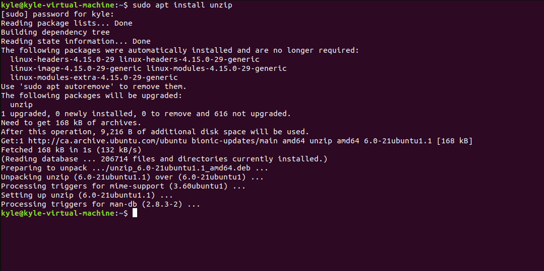 linux command terminal with the "install unzip" command entered and processed