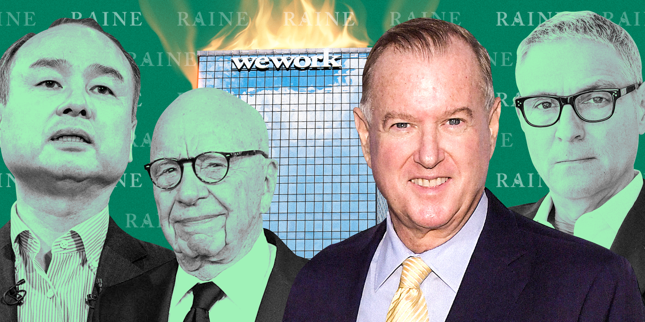 Masayoshi Son, Rupert Murdoch, Jeff Sine, and Ari Emanuel with a WeWork office building on fire and The Raine Group logo patterned on a green background.