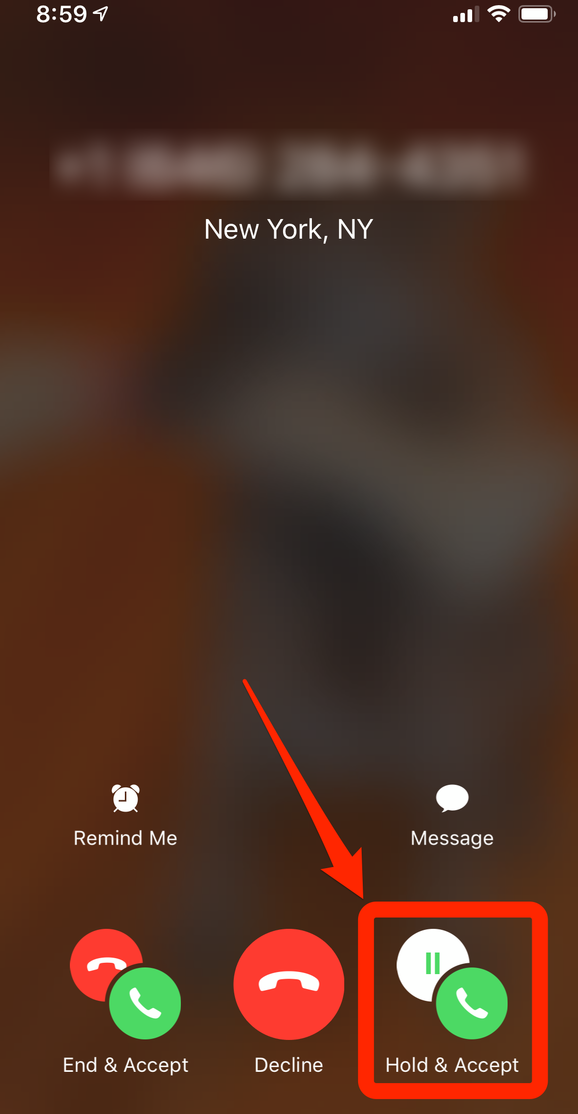 iPhone incoming call options, tap "hold and accept"