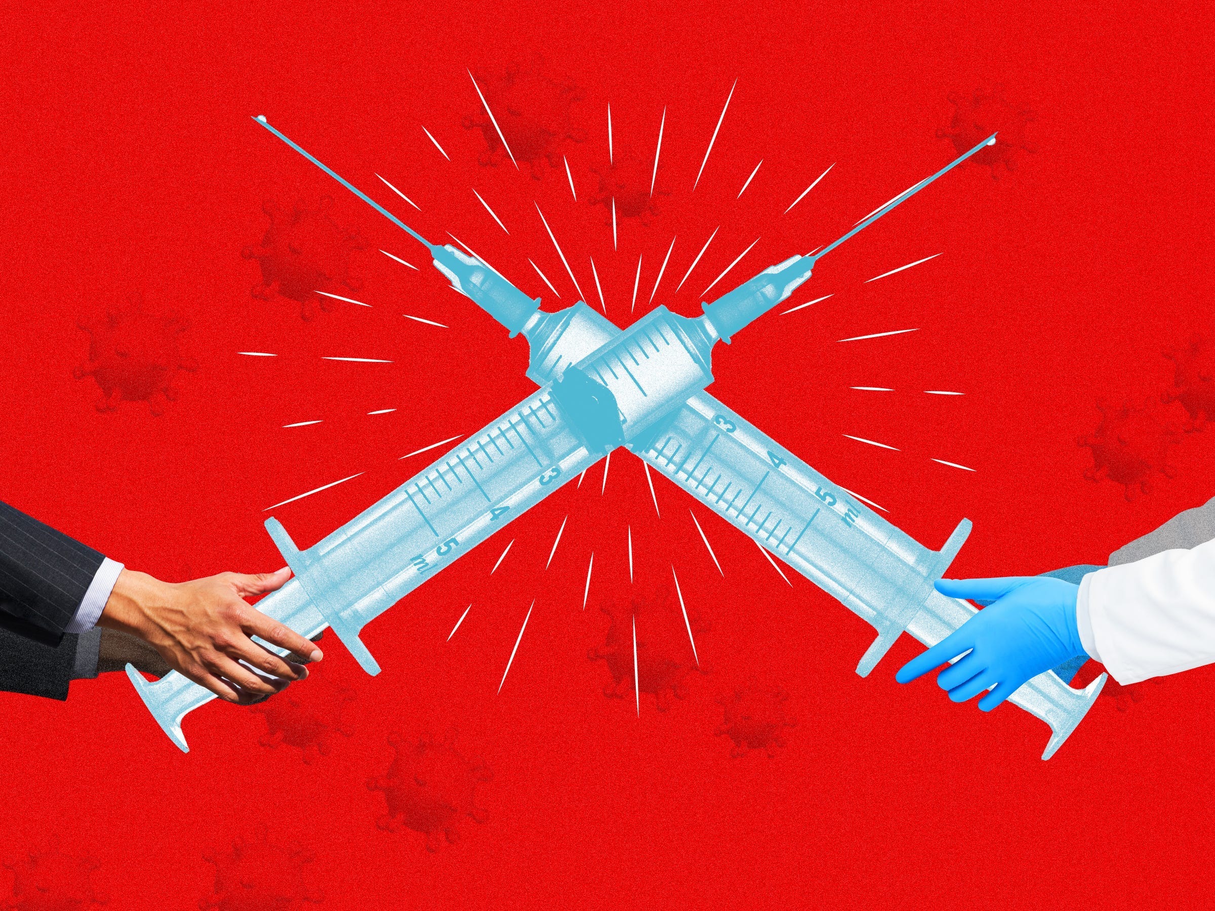 Two oversized vaccine syringes clashing each other like swords, one held by arms of a business person and the other by arms of a doctor, on top of a red background with coronaviruses