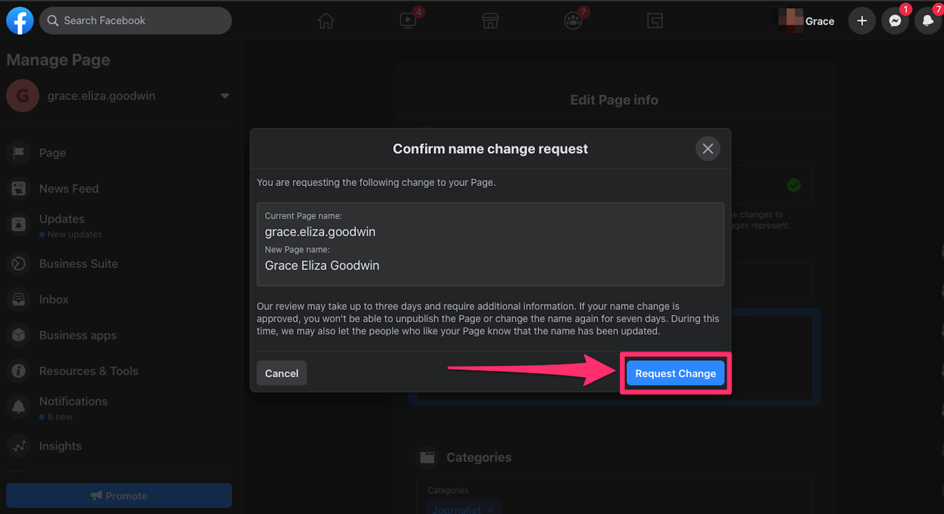 Facebook website, Confirm name page request pop-up