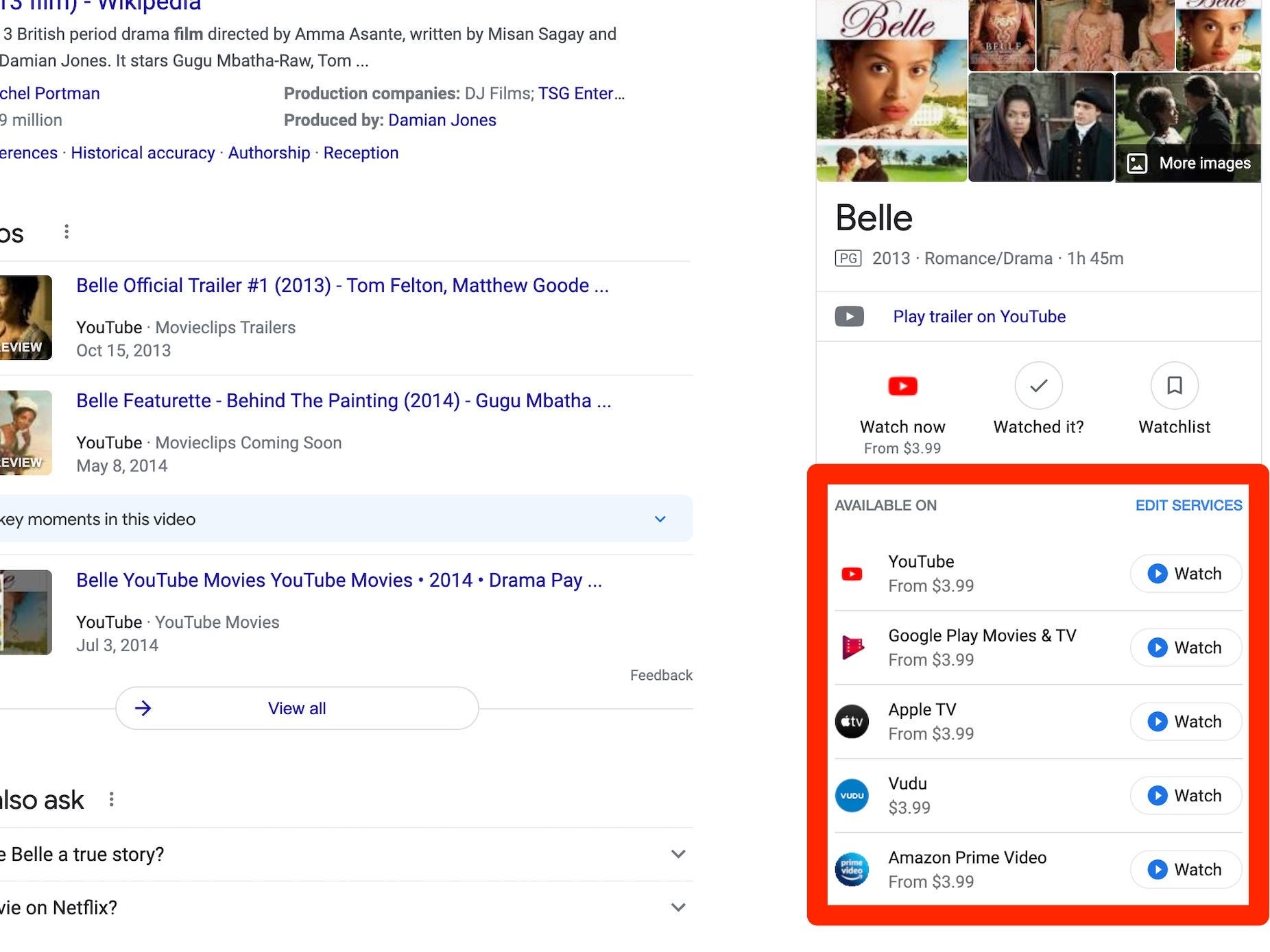 A screenshot from google showing where the movie "Belle" is available to watch.