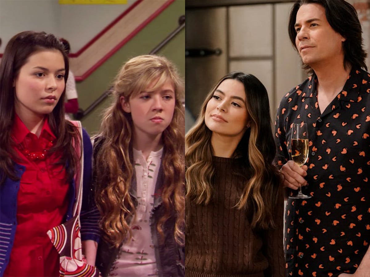 On the left: Miranda Cosgrove as Carly Shay and Jennette McCurdy as Sam Puckett on "iCarly." On the right: Miranda Cosgrove as Carly and Jerry Trainor as Spencer Shay on the "iCarly" revival.
