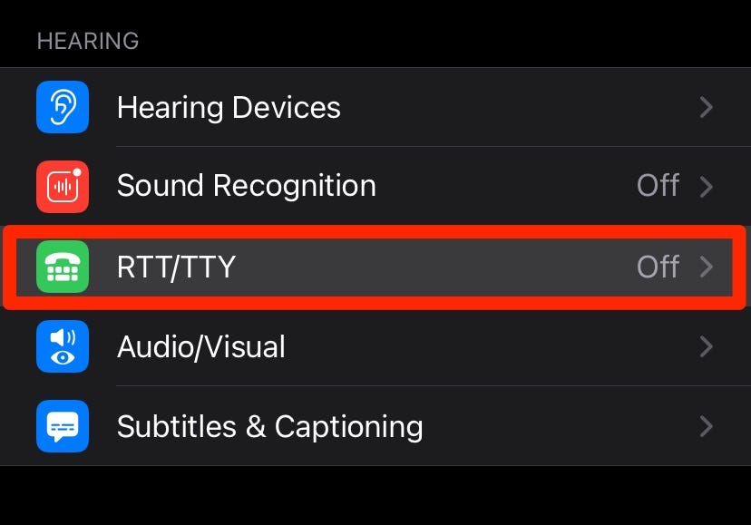 RTT is listed among the hearing accessibility options on iPhone.