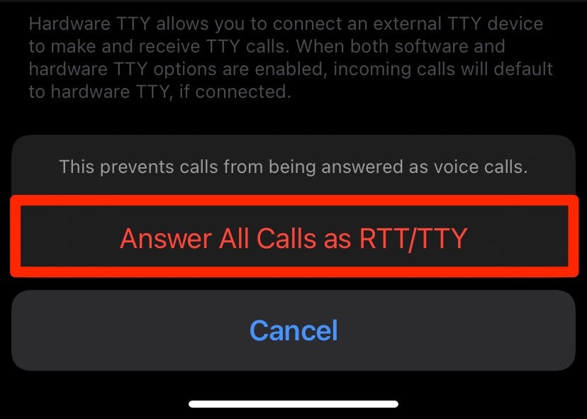Button in red on iPhone to enable All Calls as RTT