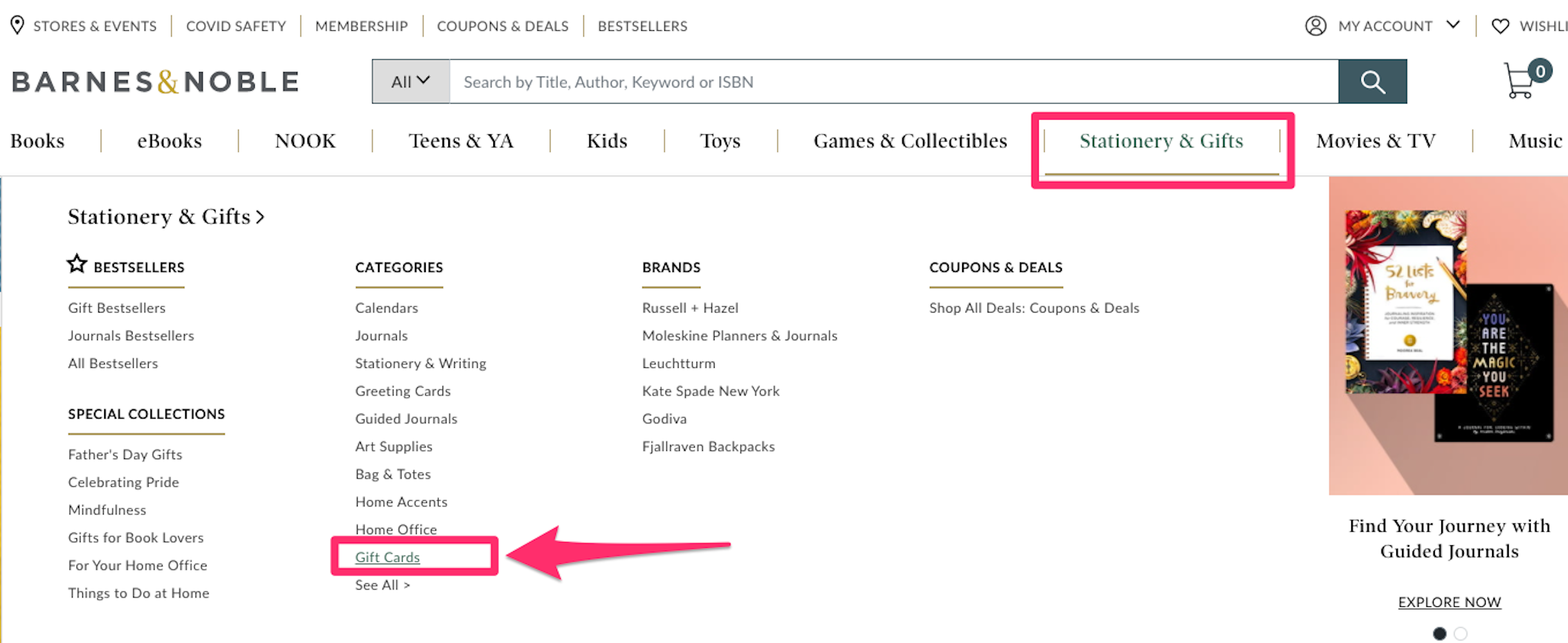 Barnes & Nobles website screenshot of Stationary & Gifts website