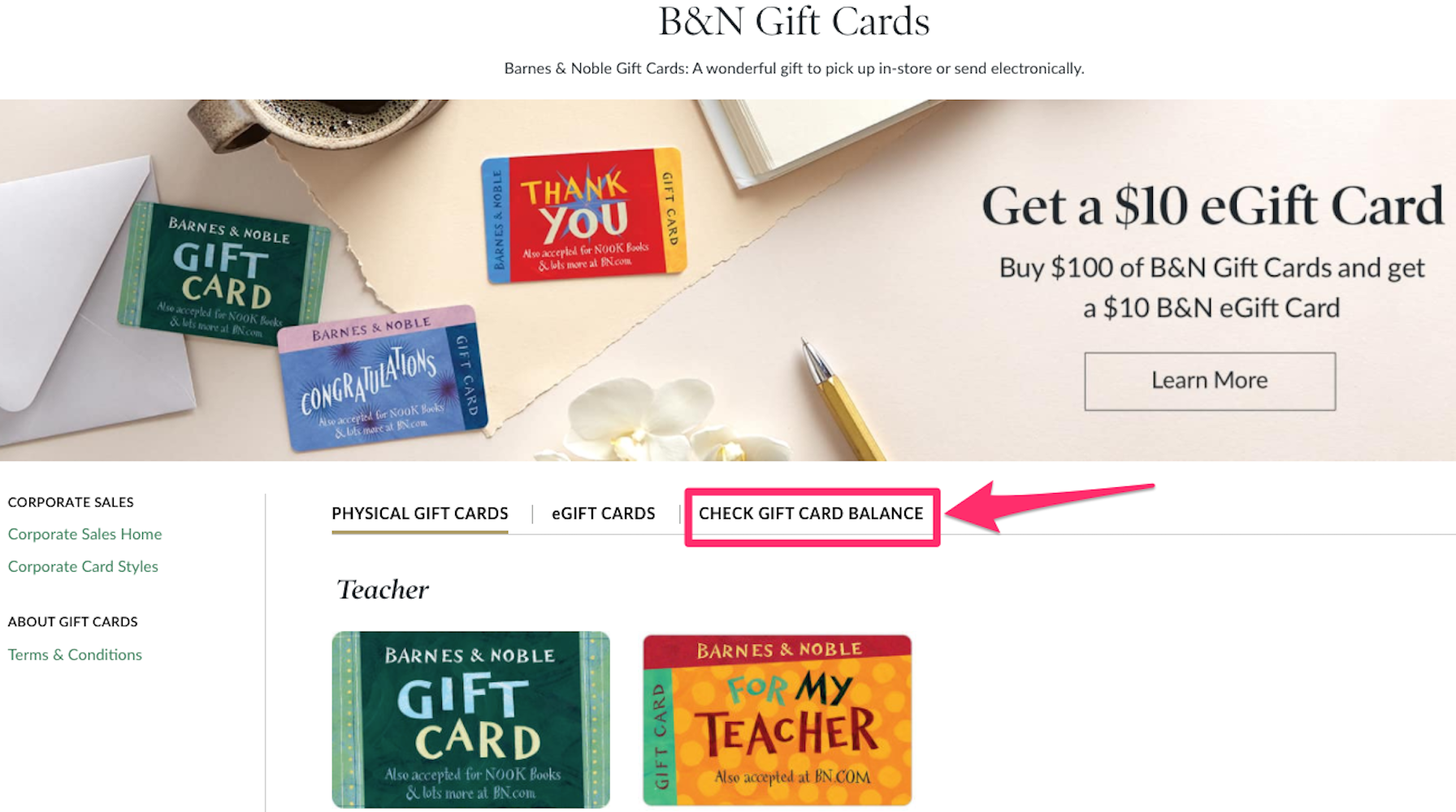 Screenshot of Barnes & Noble website gift cards page