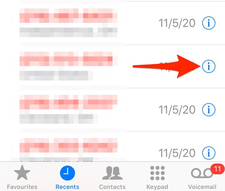 The recent calls list on an iPhone with a red arrow pointing to the "i" information icon.