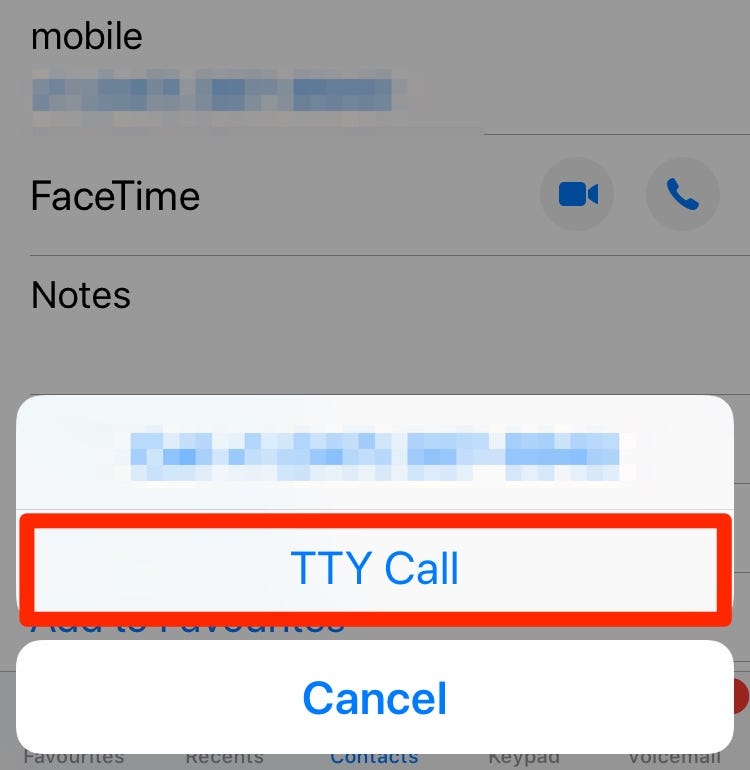 The TTY call button on iPhone surrounded by a red box.