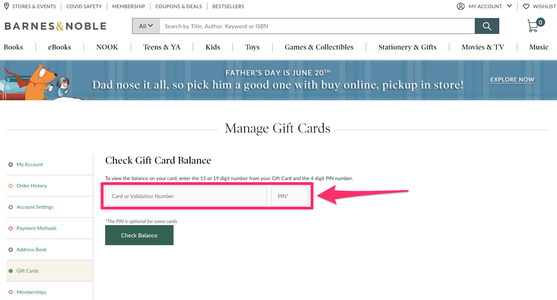 Screenshot of Barnes & Noble website check gift card balance page
