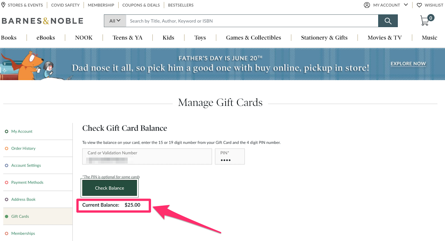 Barnes & Noble website gift card balance page