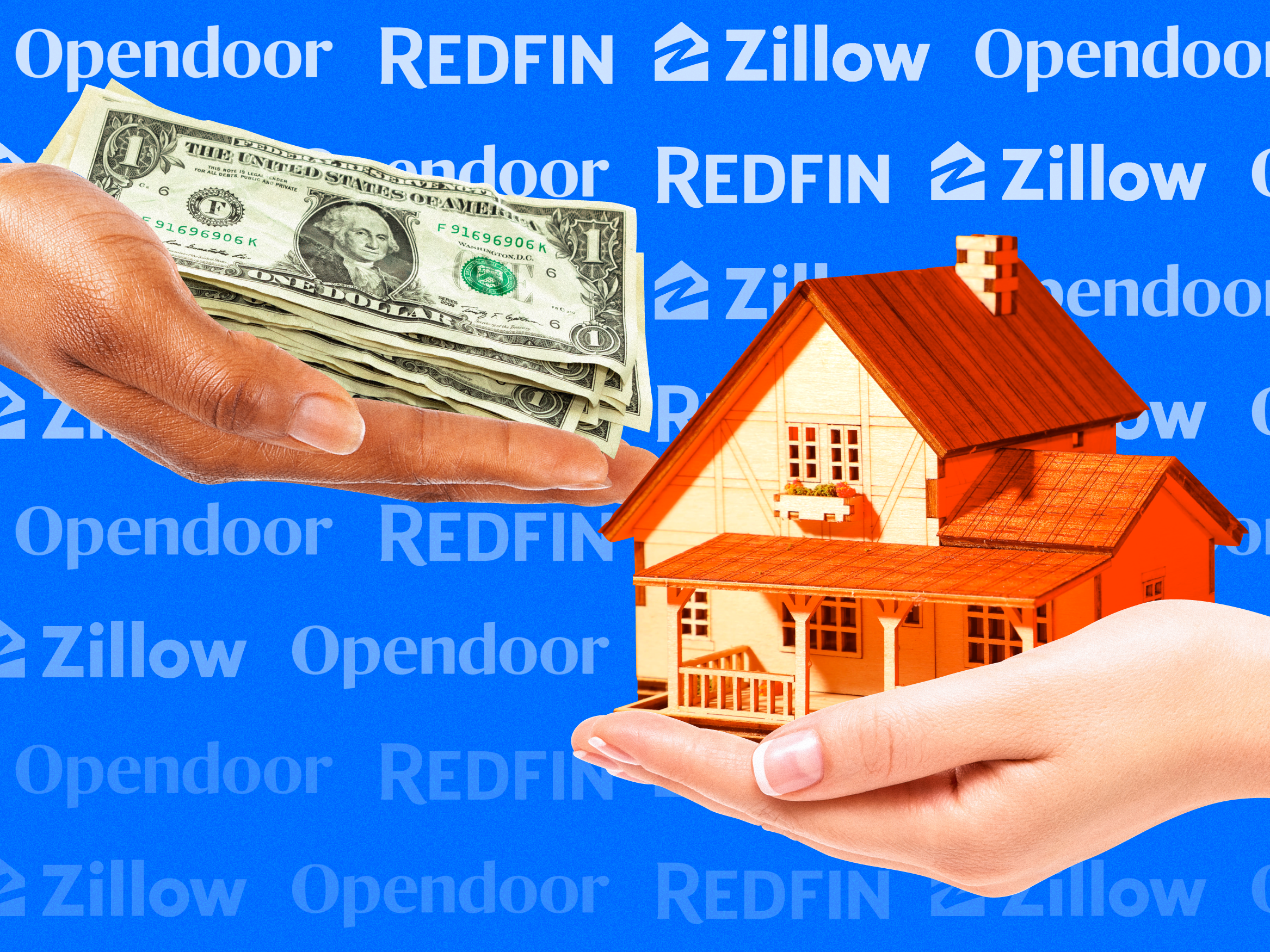 One hand on the left holding a few one dollar bills and one hand on the right holding a house with Zillow, Opendoor, and Redfin logos patterned out on a blue background