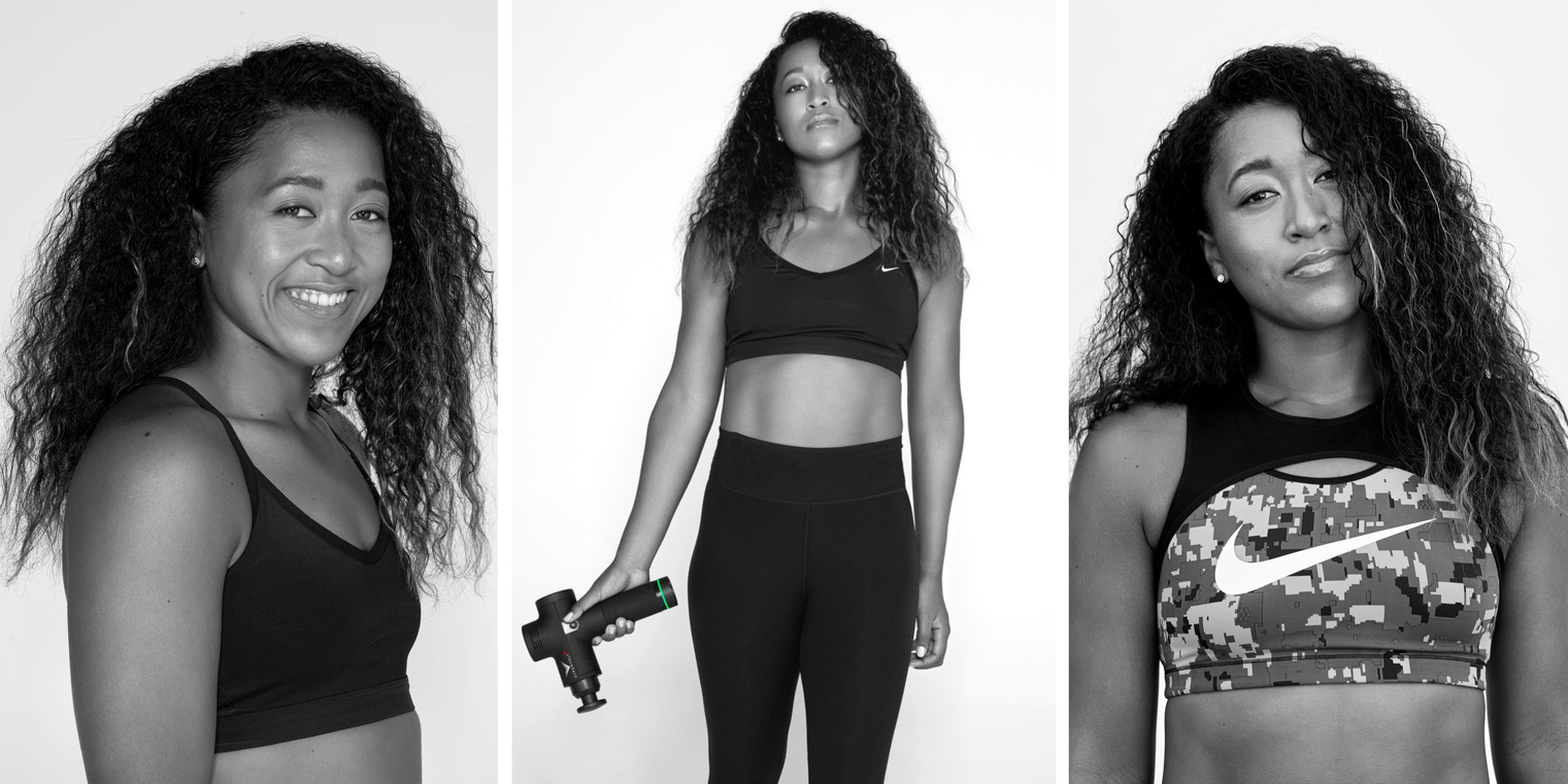 Three black and white side-by-side images of Naomi Osaka