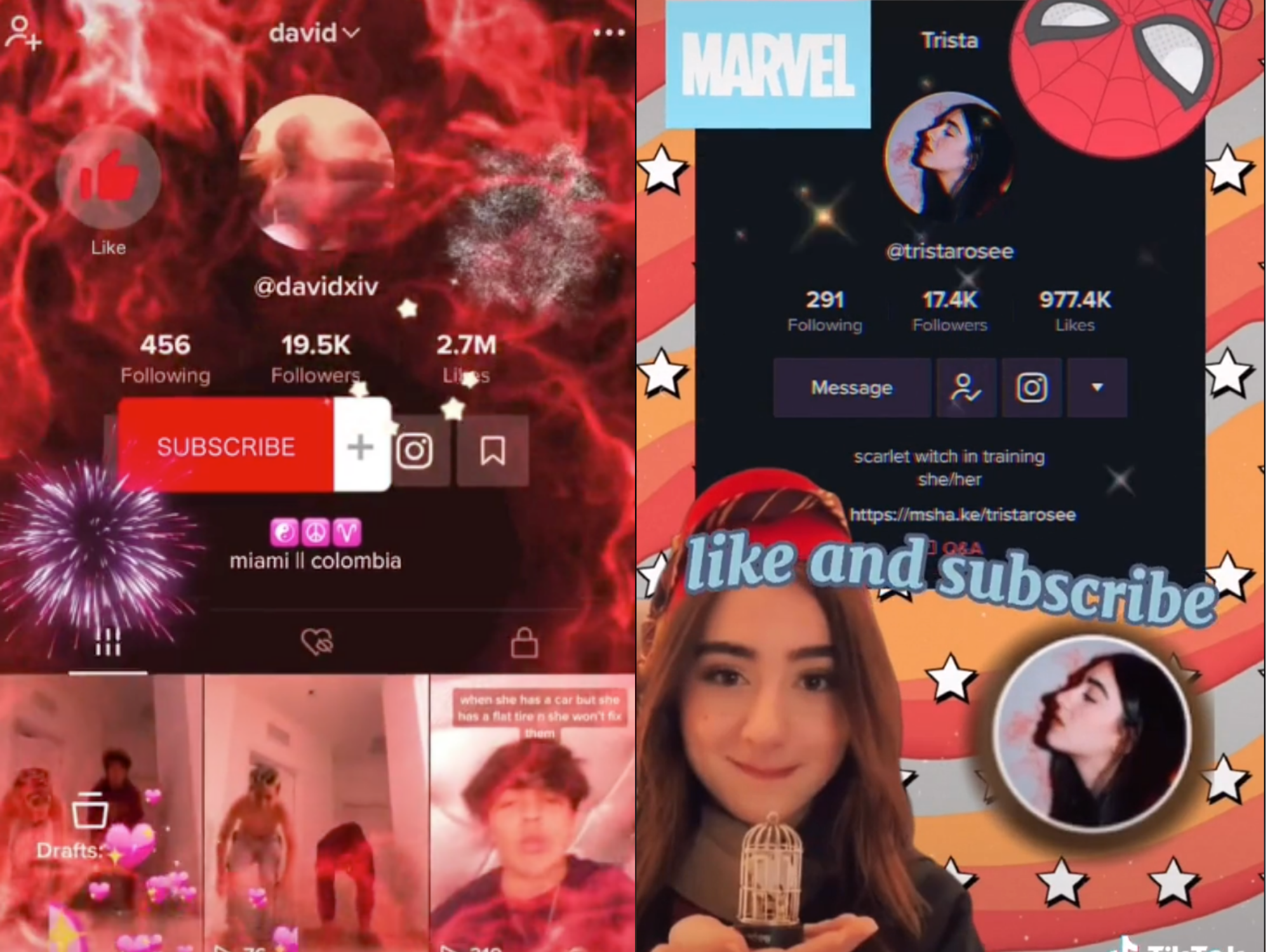 TikTokers parody YouTube outro cards Left: a TikTok profile with firework, heart, and flame animations with a "subscribe" button; Right: A TikTok profile with text that reads "like and subscribe"