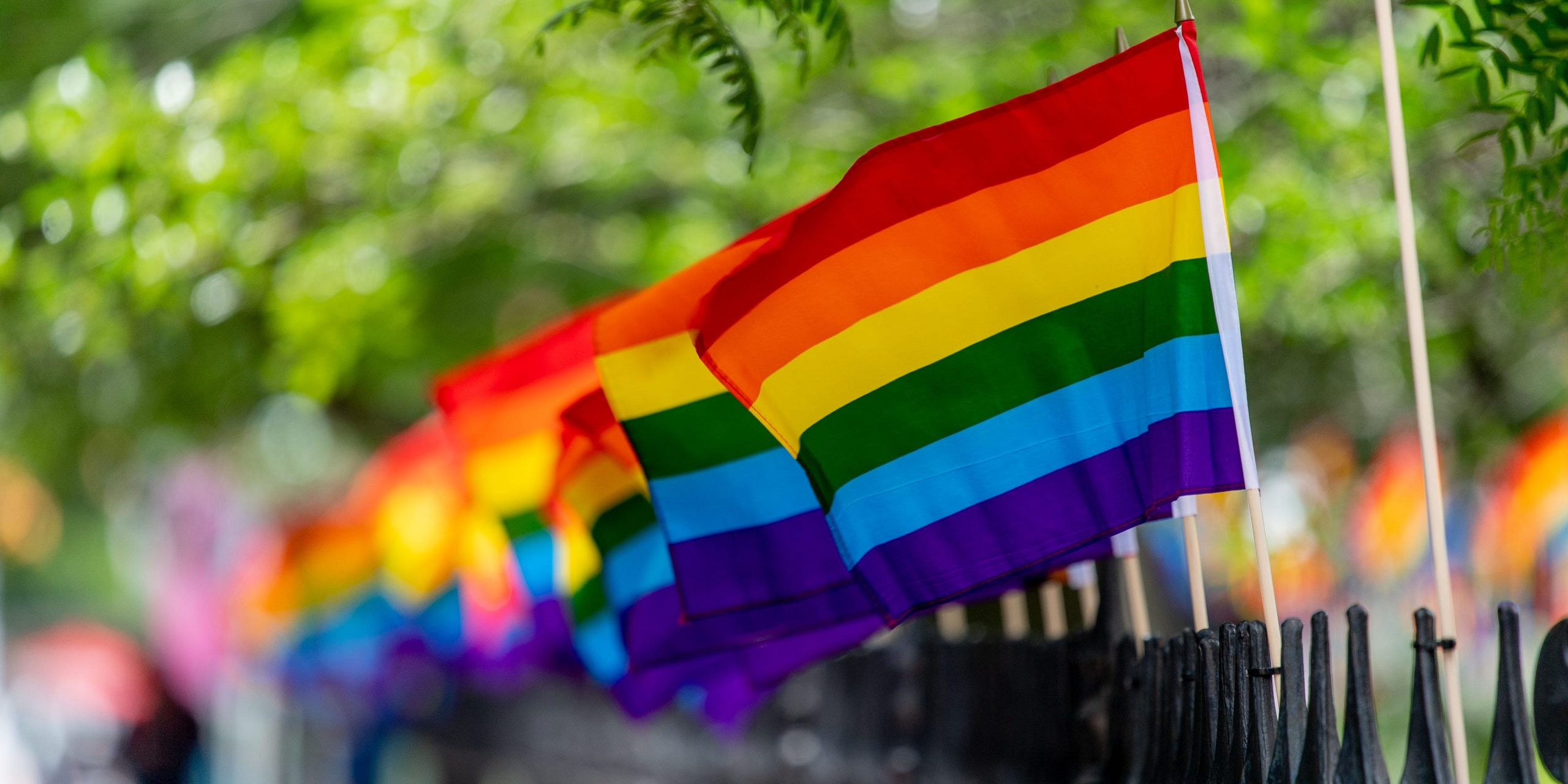 Gay pride flags on a fence at the Stonewall National Monument in New York City.