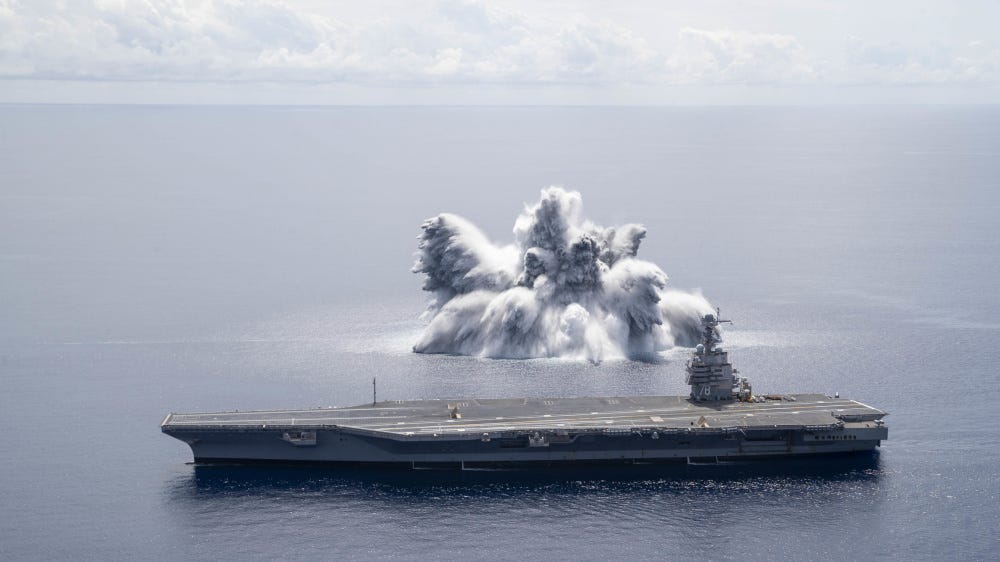 US Navy aircraft carrier USS Gerald R. Ford undergoing full-ship shock trials