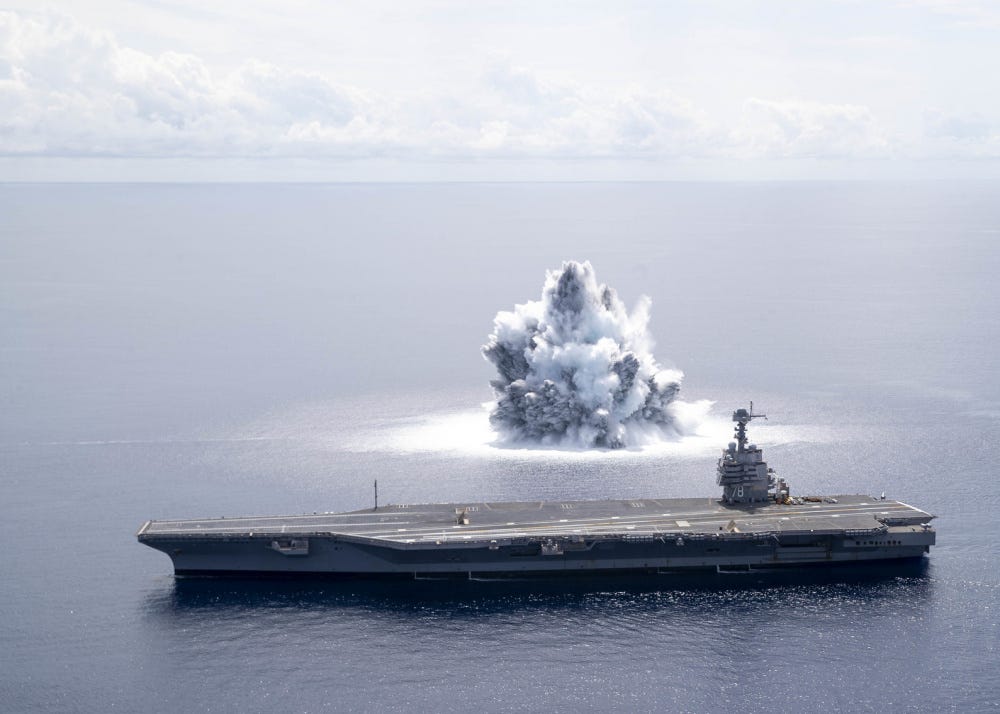 US Navy aircraft carrier USS Gerald R. Ford undergoing full-ship shock trials