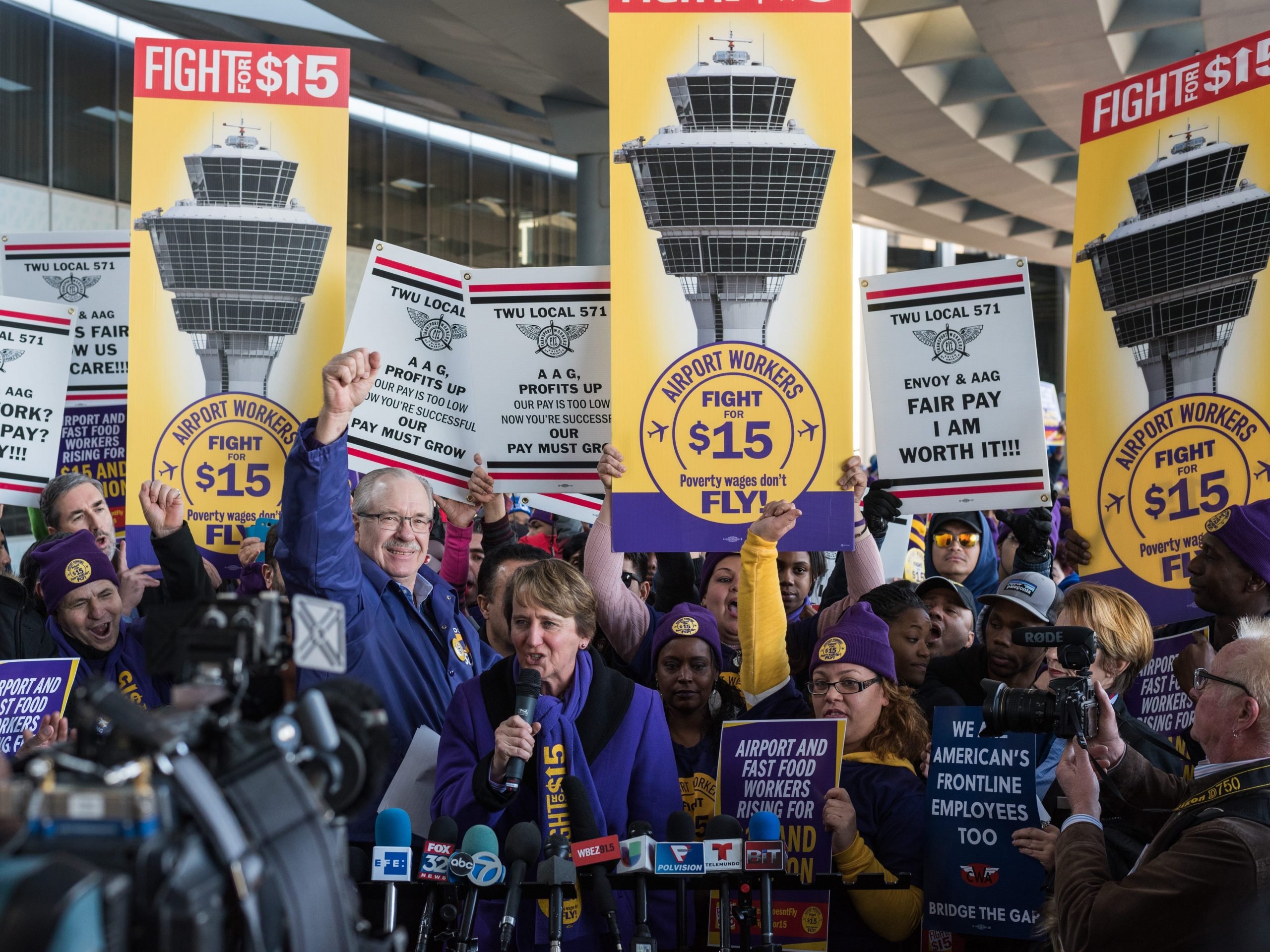 SEIU President Mary Kay Henry speaks in support of airport workers.