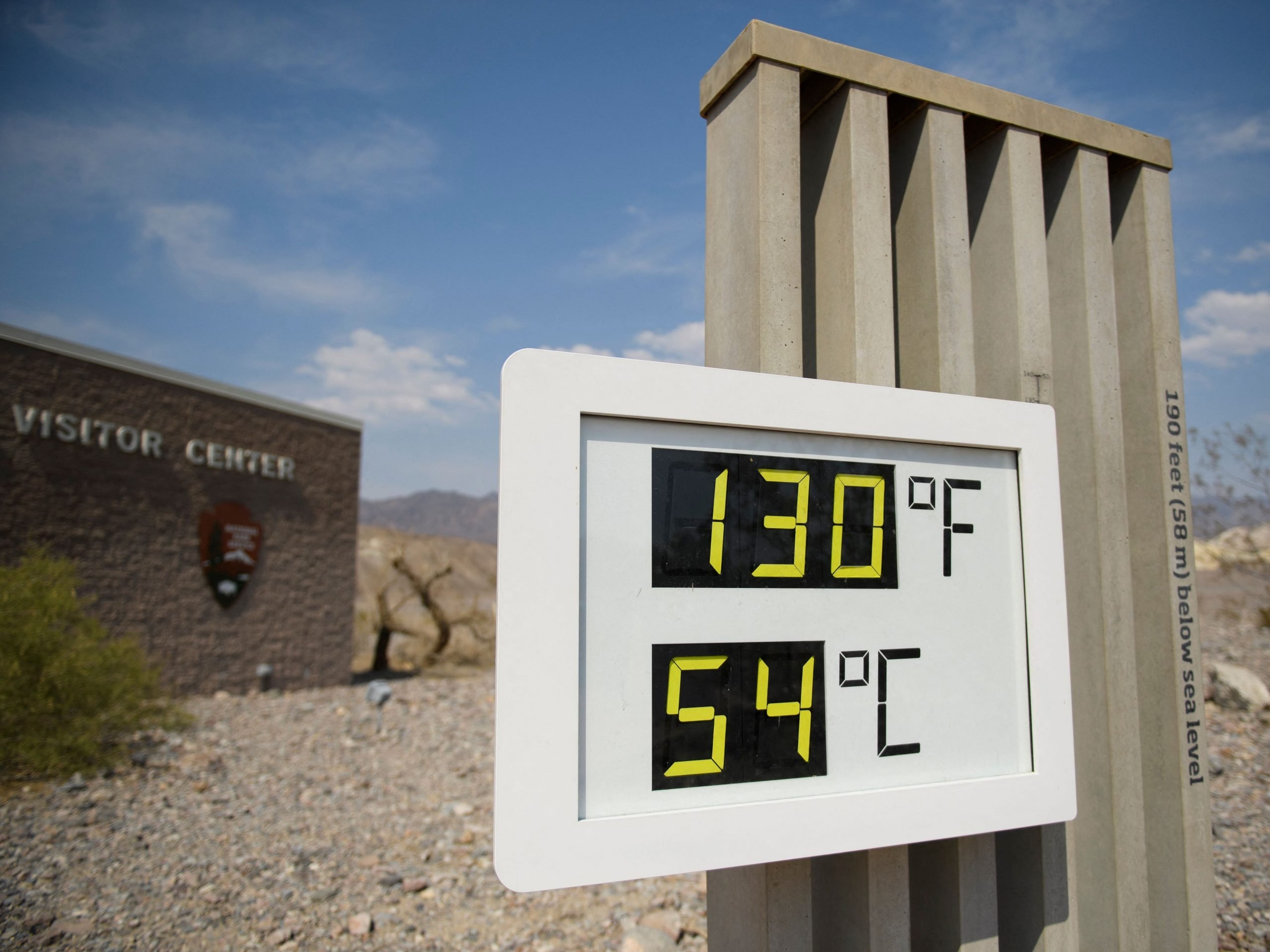 A thermometer display showing record high temperatures in Death Valley National Park