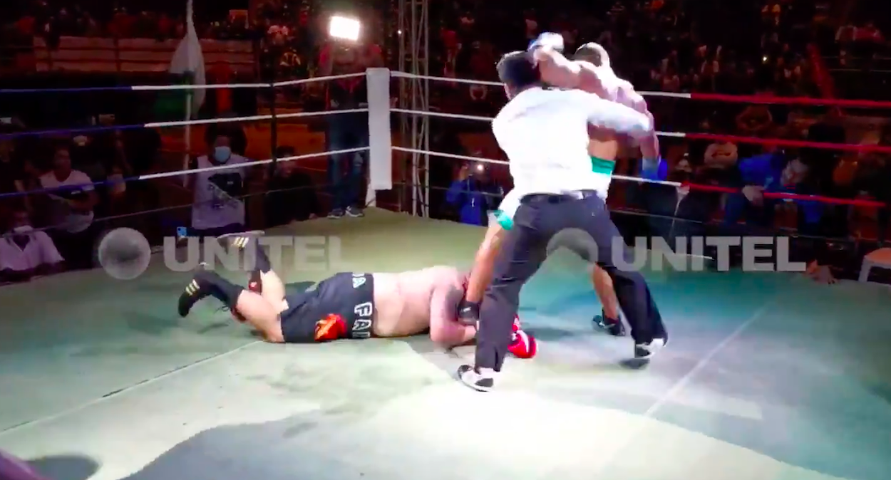 Saul Farah wins a boxing match after his opponent Pedro Tabares was disqualified for stamping on his head.