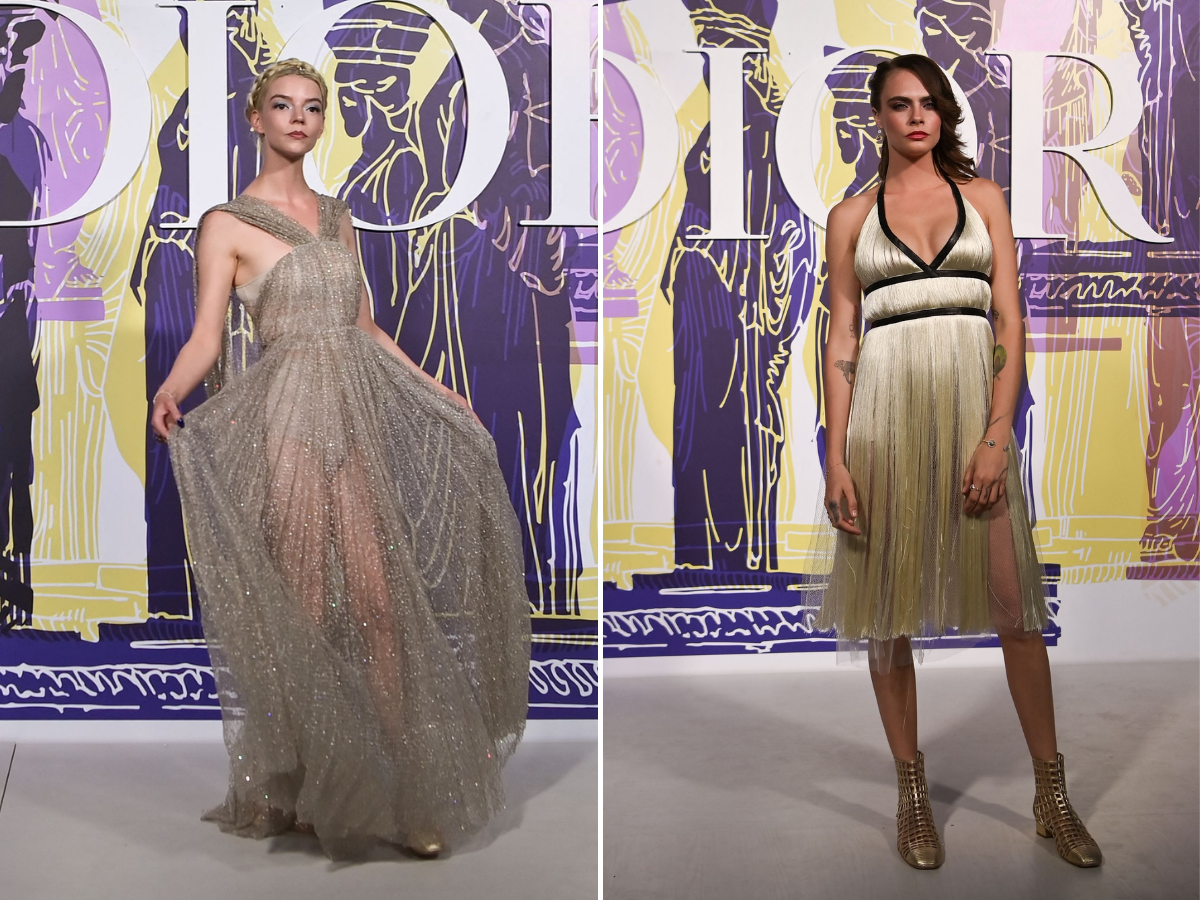 side-by-side of Anya Taylor-Joy and Cara Delevingne in goddess-like dresses at a Dior show.