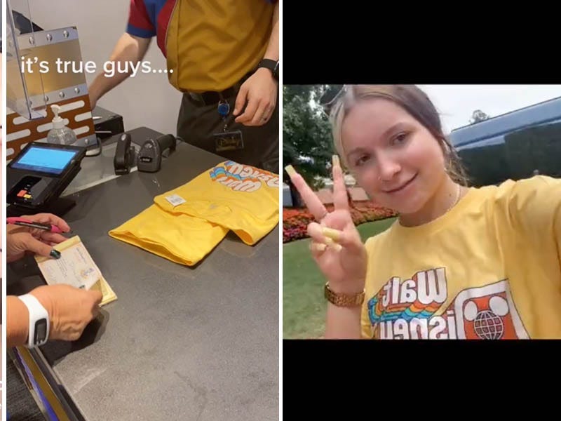 A woman wears a bikini top at Disney World, and is escorted to get a free shirt.