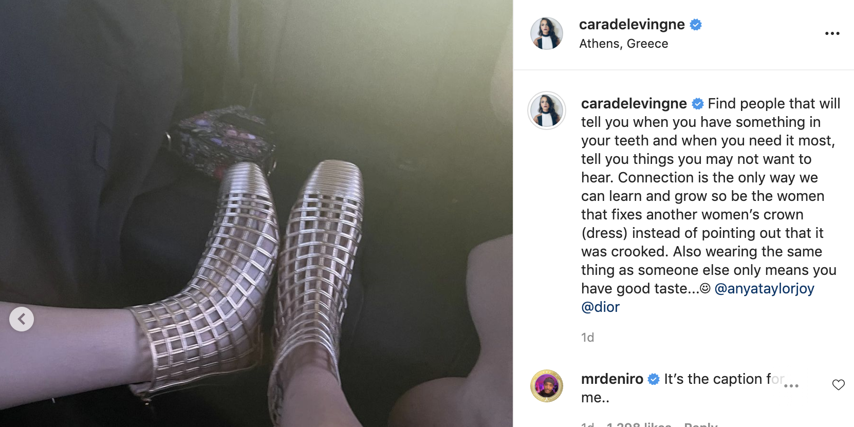 A photo shows metallic gold sandals with a grid-like pattern on the feet of model Cara Delevingne and actress Anya Taylor-Joy.