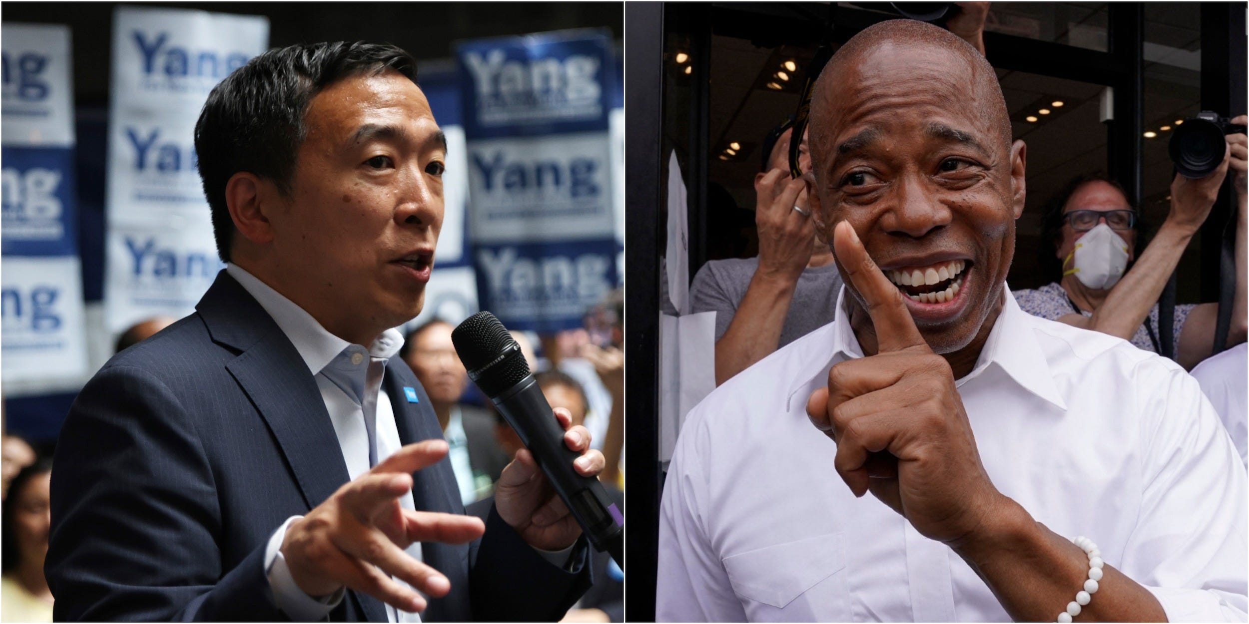 andrew yang (l) and eric adams talk to crowds while campaiging for NYC mayor