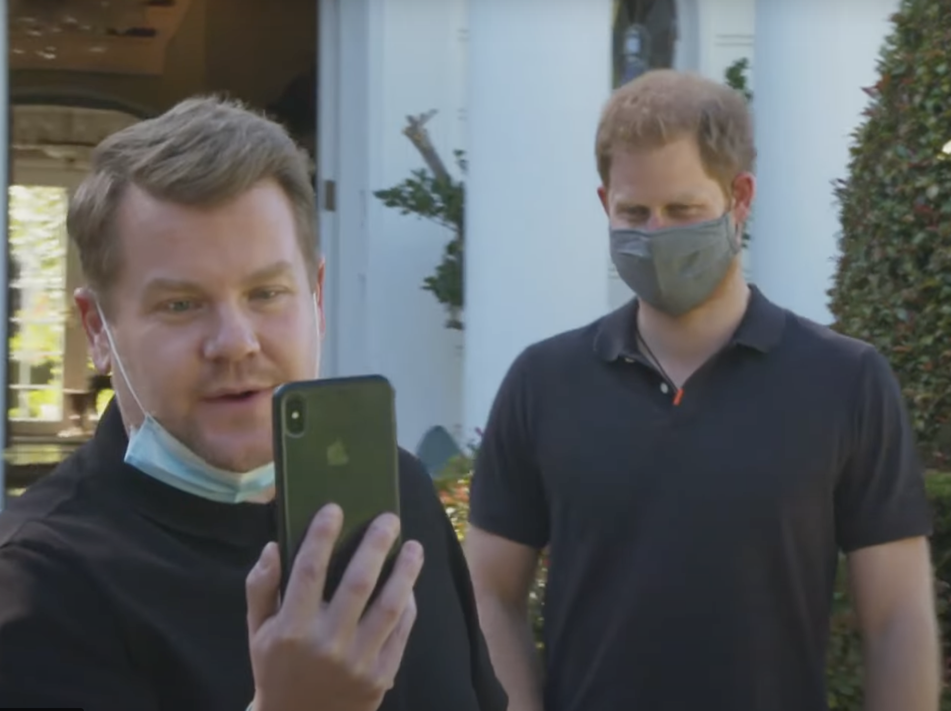 James Corden and Prince Harry outside the home where The Fresh Prince of Bel-Air is ste
