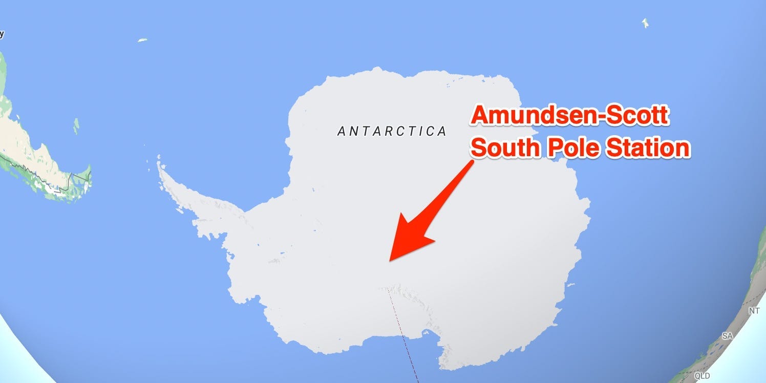 A marker shows the location of the Amudsen-Scott South Pole Station on a map from Google