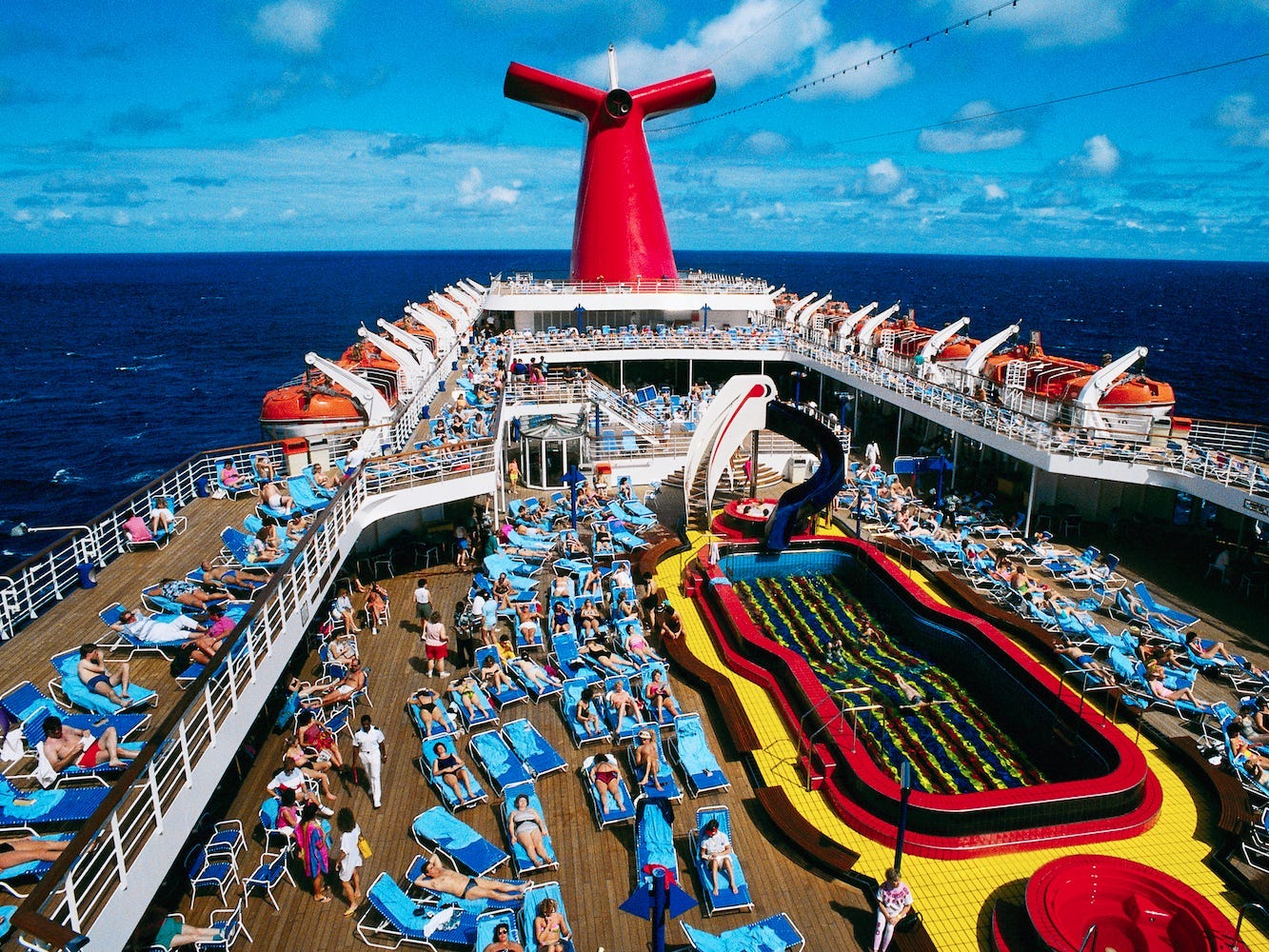 A birds-eye view of a cruise ship.