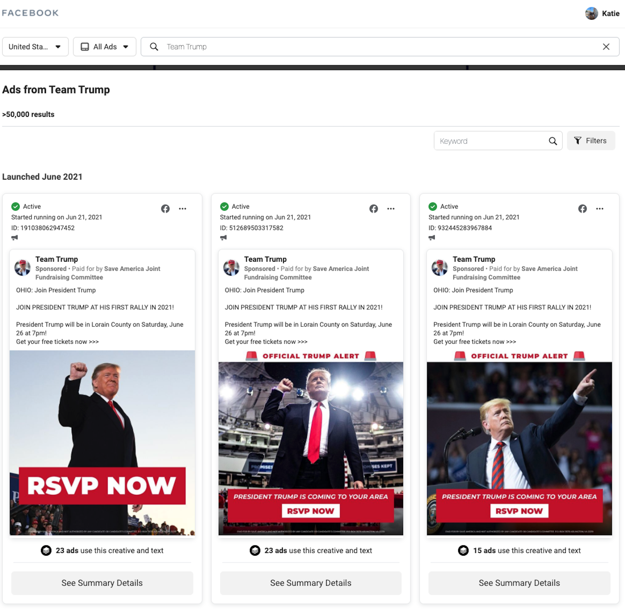 a screenshot shows ads posted to facebook by the group "Team Trump"