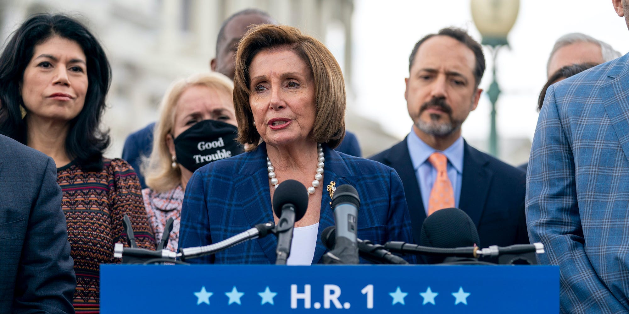 House Speaker Nancy Pelosi, members of Congress, and Texas state legislators speak in support of the For the People Act