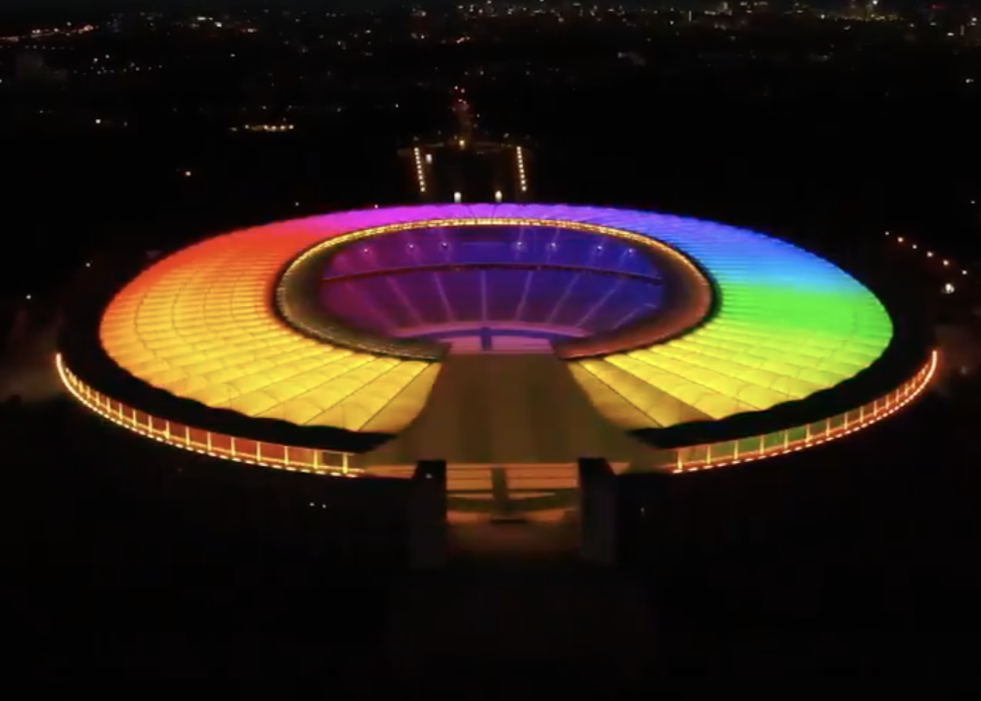 Hertha Berlin’s stadium is lit with rainbow colours