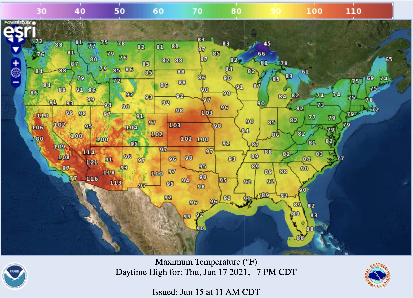 heat map of US heat wave shows record temperatures above 110 degrees across southwest