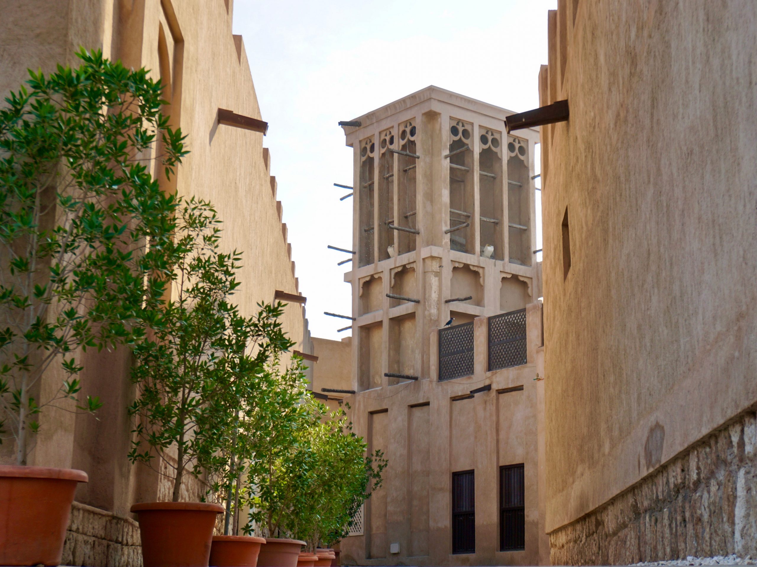 exterior shot of wind towers in Al Fahidi Historical Neighborhood in Dubai