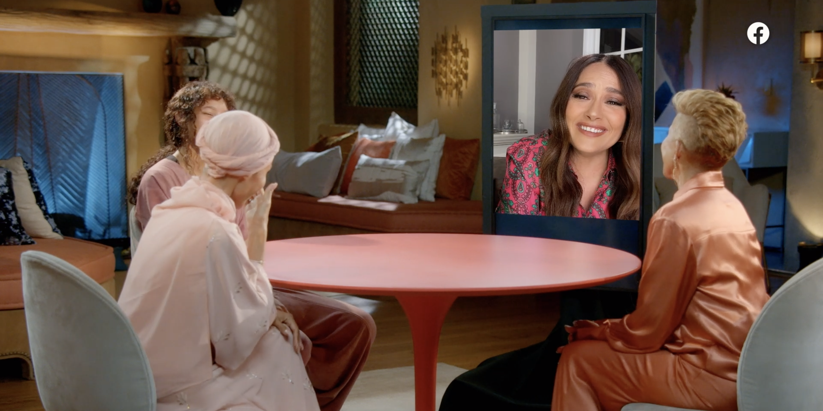 Salma Hayek participating virtually in an interview with "Red Table Talk" cohosts Jada Pinkett Smith, Adrienne Banfield-Norris, and Willow Smith.