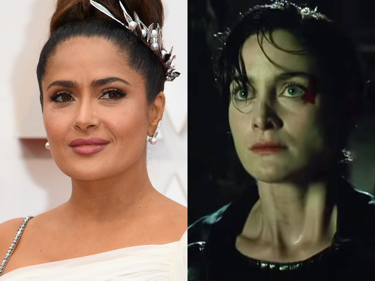 On the left: Salma Hayek posing on the red carpet of the 2020 Oscars. On the right: Carrie-Anne Moss as Trinity in "The Matrix."