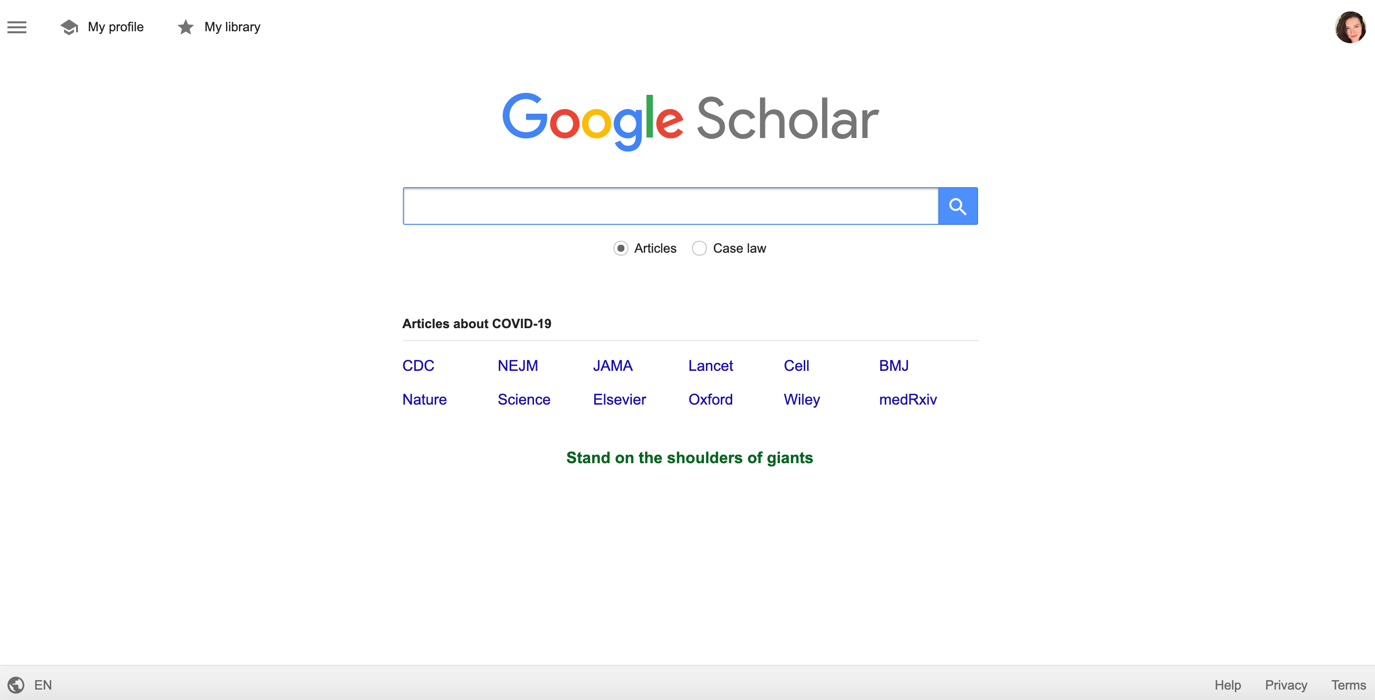 Screenshot of Google Scholar website homepage