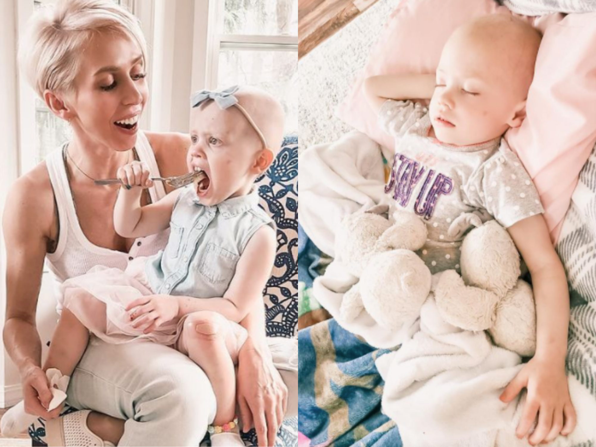 left: kate hudson holding her daughter Eliza, who is holding a fork; right: Eliza sleeping among pillows