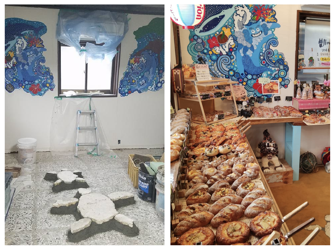 The process of renovating the Wakayama: left panel shows the walls and floor being painted; right panel shows the final product and pastries on shelves.