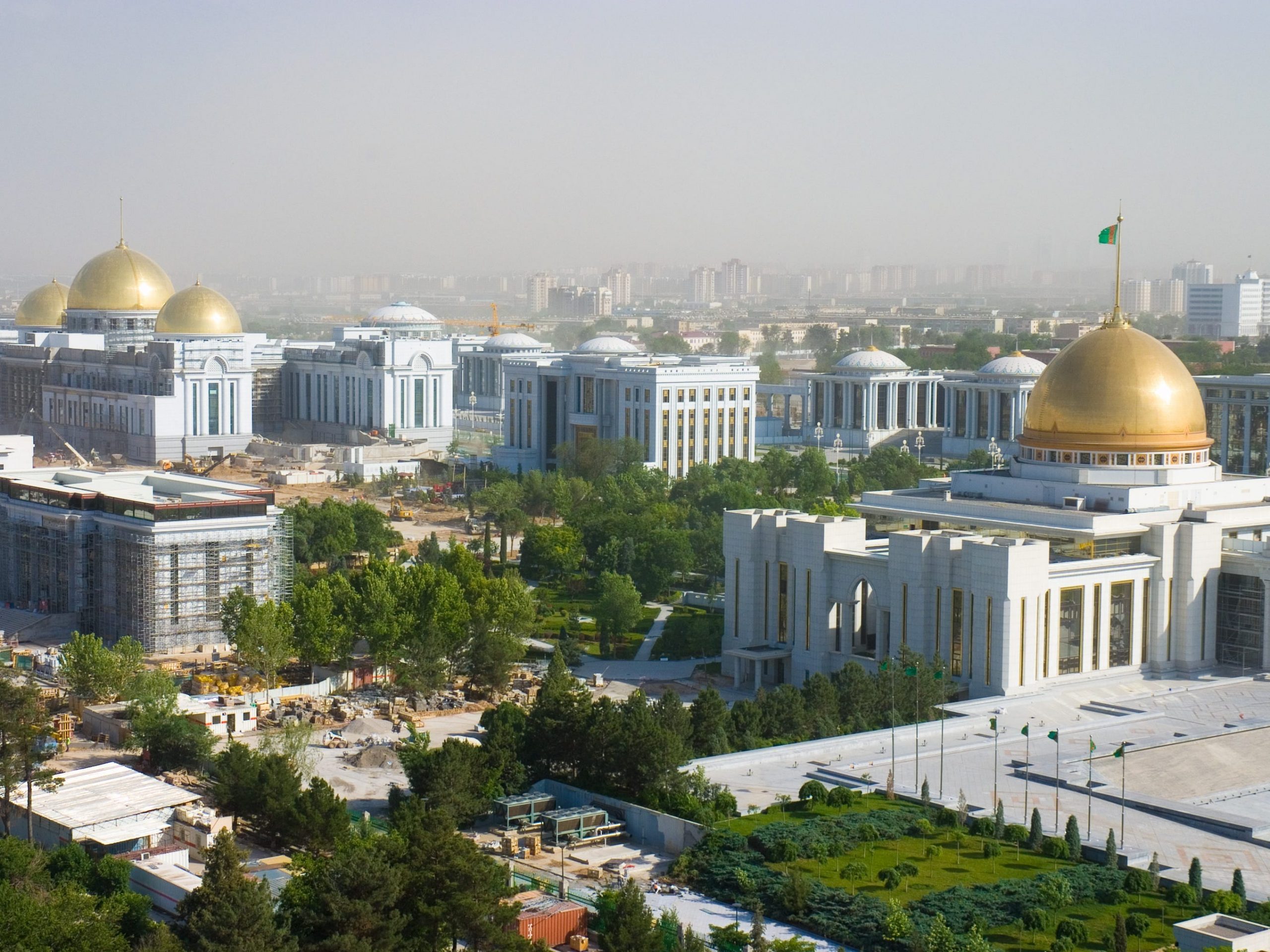 Ashgabat city gleams with sparkling marble buildings.